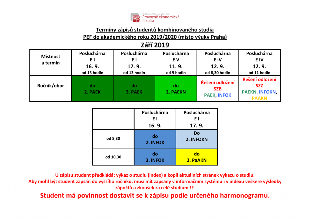 Zápisy navazujících ročníků na kombinované studium - bakalářské i navazující obory - PEF ČZU 2019/2020